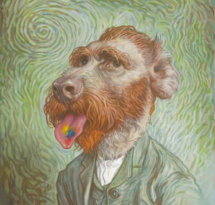 Pop culture icons into dogs: caricature painting of bearded dog in suit with paint on tongue, swirling Van Gogh style