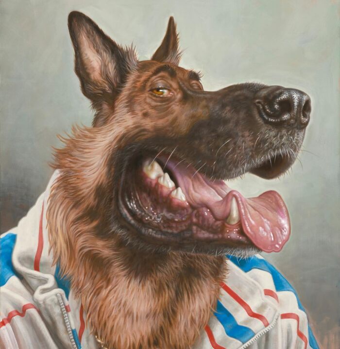 Caricature painting of a German Shepherd styled as pop culture icons parody, tongue out, wearing a striped tracksuit jacket