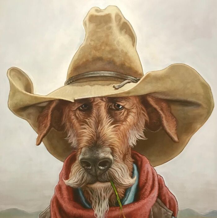 Pop culture icons into dogs caricature of a painted dog wearing a cowboy hat and red bandana.