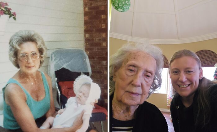Wholesome photos: woman with infant decades ago, and the same woman elderly with a smiling relative