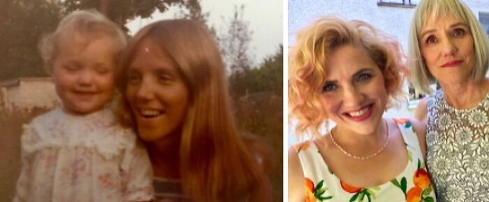 Wholesome photos side-by-side then and now: childhood portrait of mother and baby on left, smiling woman and mother on right