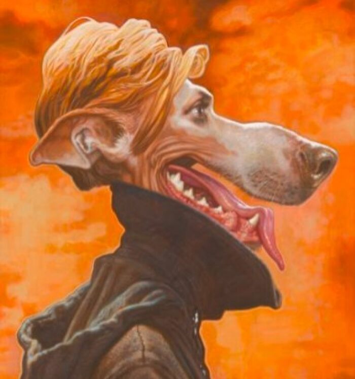 Pop culture icons depicted as a dog caricature painting, side-profile humanized dog with blond hair and orange background