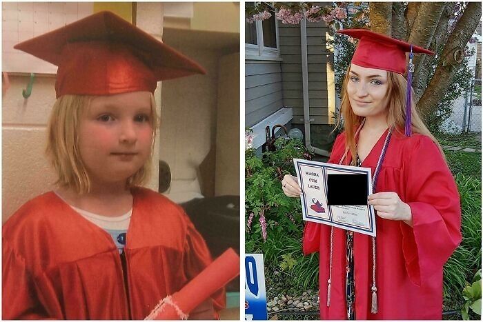 Wholesome photos: side-by-side of same person in red cap and gown as a child and later holding a graduation diploma