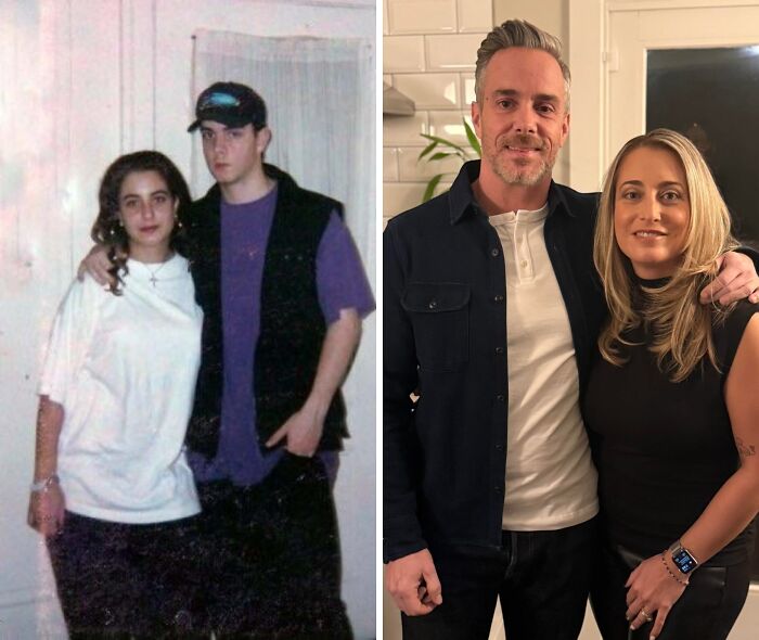 Wholesome photos: side-by-side then and now of a couple, teen snapshot on left and mature couple smiling on right