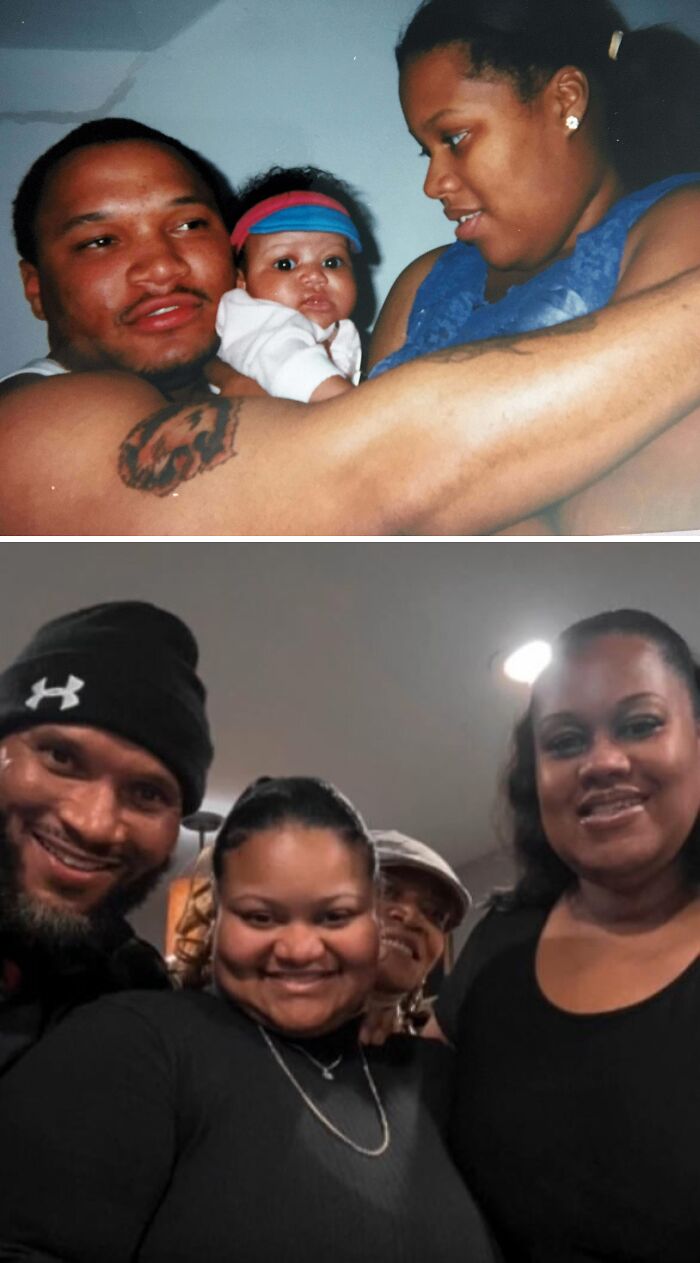 Wholesome photos of a family then and now: parents holding newborn above, grown family smiling together below