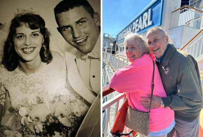 Wholesome photos: then-and-now wedding portrait beside elderly couple hugging on a cruise deck, smiling