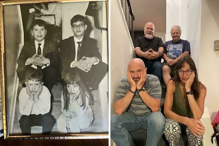 Wholesome photos: childhood black-and-white portrait of four kids and a modern reunion with same adults mimicking pose
