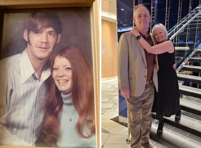 Wholesome photos: side-by-side portrait of a young couple and the same couple decades later embracing on a staircase.
