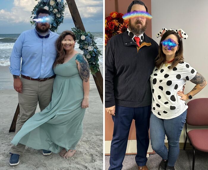 Wholesome photos of a couple side-by-side: beach wedding portrait left, playful casual costume right