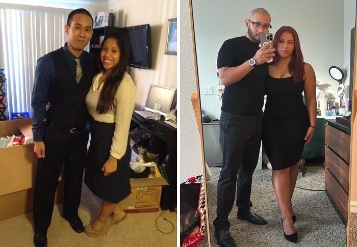 Wholesome photos of a couple: earlier formal pose in cluttered room and later mirror selfie dressed up at home.