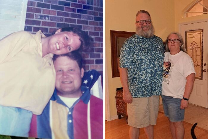 Wholesome photos: then-and-now portrait of a smiling couple as young adults and again decades later at home