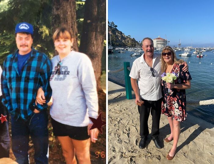 Wholesome photos side-by-side before and after of a couple: young in woods and older smiling by a sunny harbor with flowers
