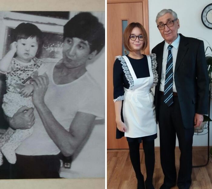 Wholesome photos then-and-now: man holding baby (black-and-white) beside young woman in school dress with elderly man