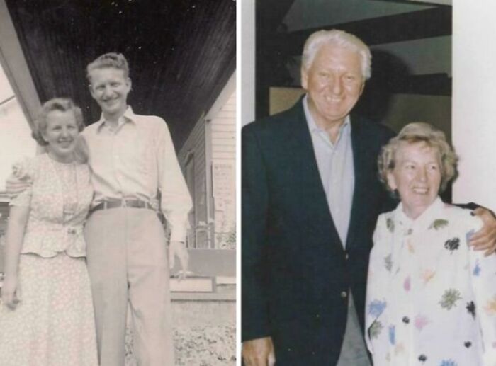Wholesome photos of the same couple: young on a porch and older together, smiling decades later