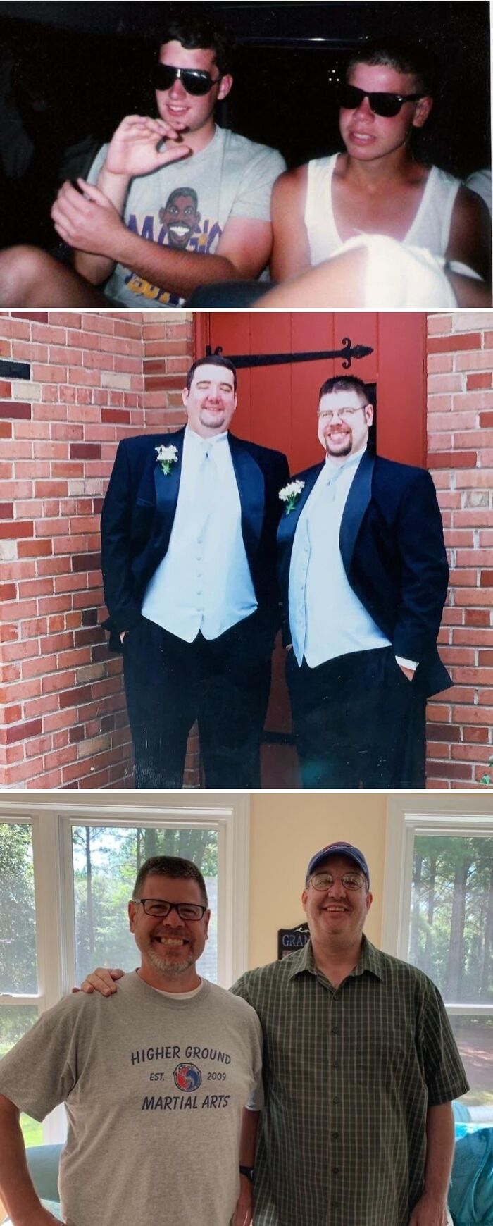 Wholesome photos of two friends through life: teens in sunglasses, groomsmen in tuxes, and smiling older men at home
