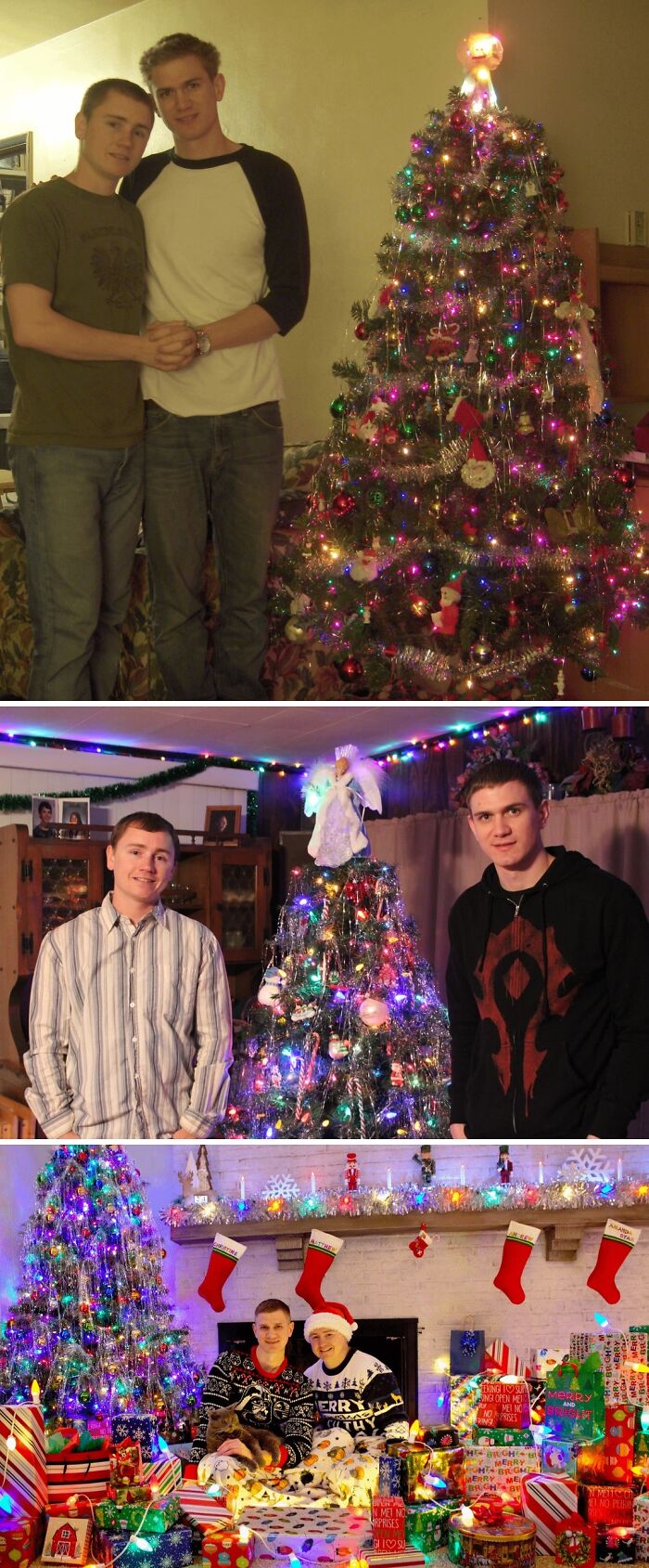 Wholesome photos showing two men beside decorated Christmas trees across years, their changing appearances