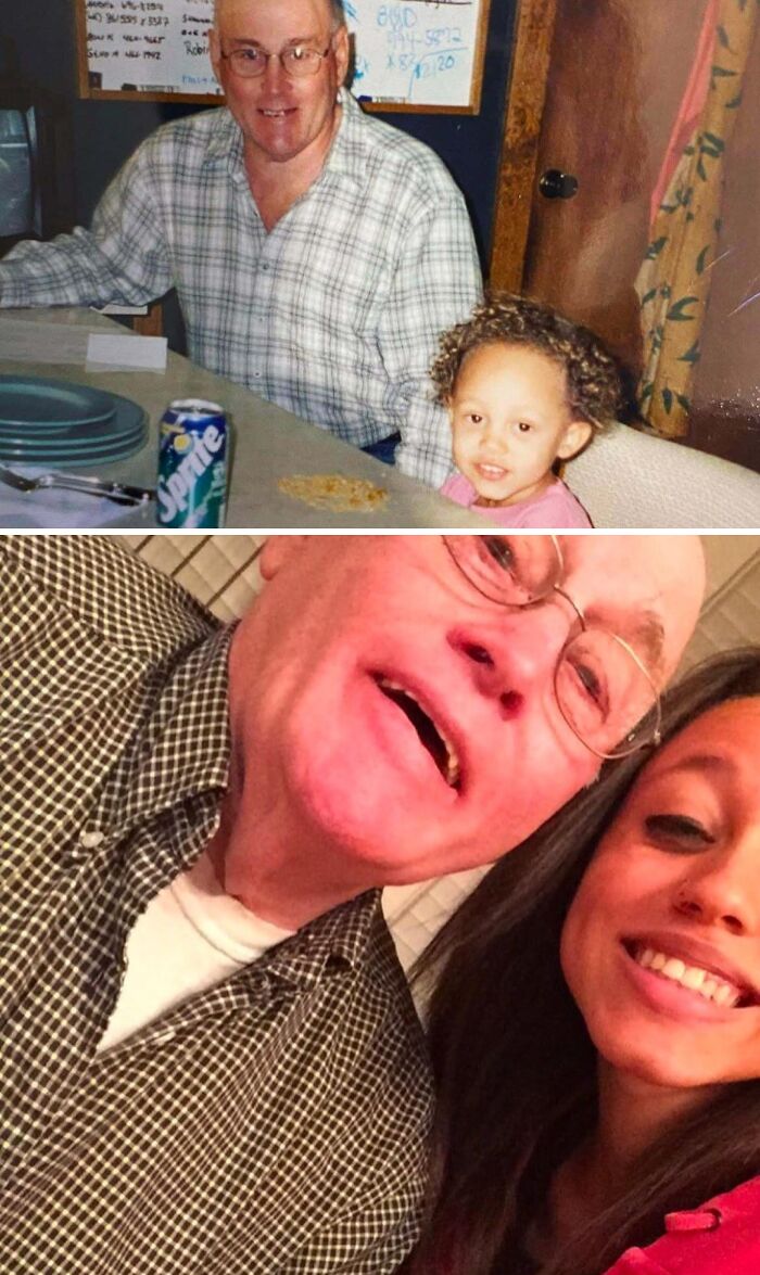 Wholesome photos split image: grandfather with granddaughter at a table, and years later a smiling selfie together.