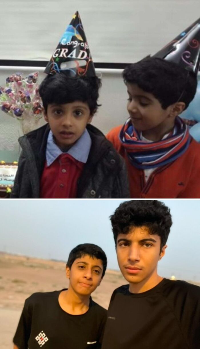 Two boys in party hats and the same two as teens outdoors, wholesome photos of their life journeys and change