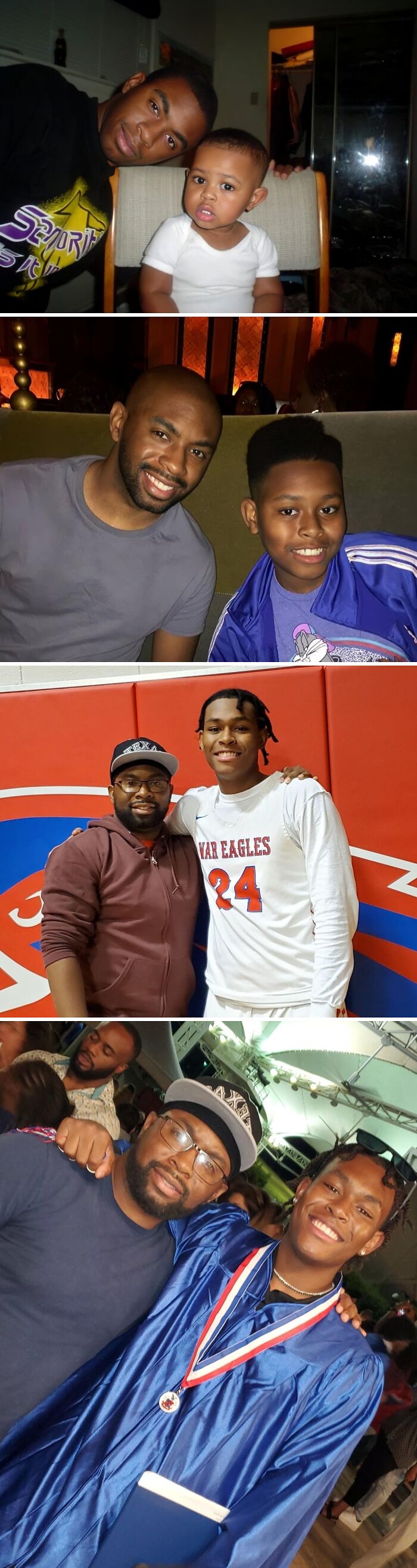 Wholesome photos of a father and son across years, from toddler to teen graduation, smiling through life journeys