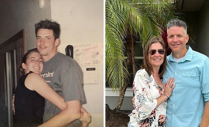 Wholesome photos of a couple's before-and-after: young hug indoors; same couple years later smiling by palm trees