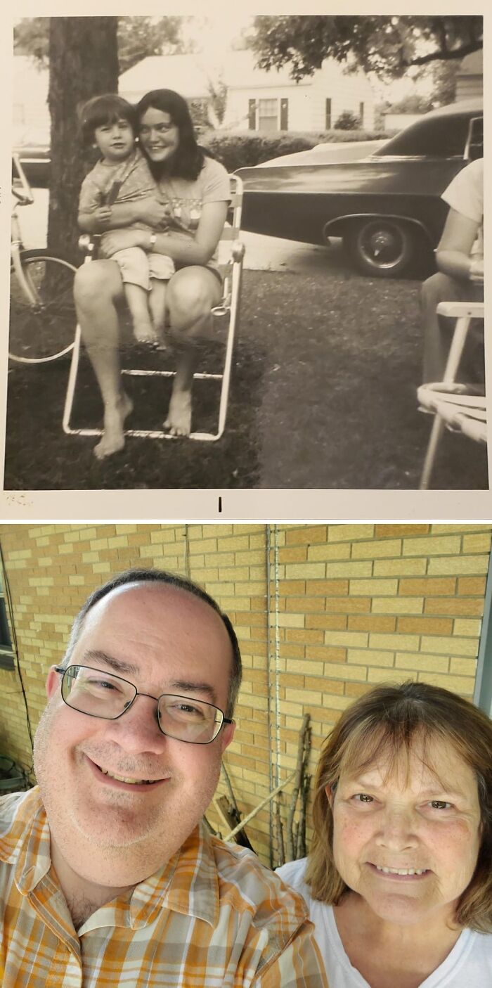 Wholesome photos: vintage b&w mom holding child outdoors and modern color selfie of smiling grown man with older woman