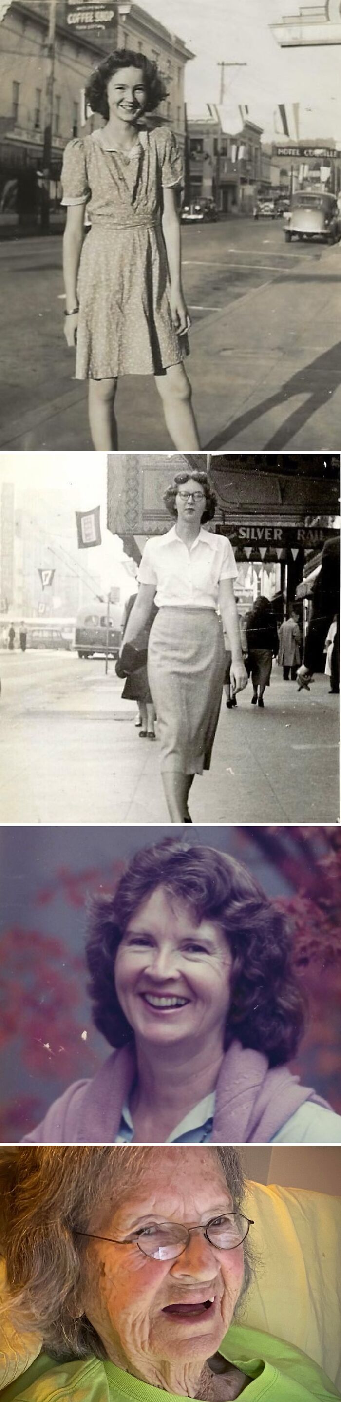 Wholesome Photos collage of a woman through decades: teen on vintage street, young adult, middle-aged, and elderly smiling