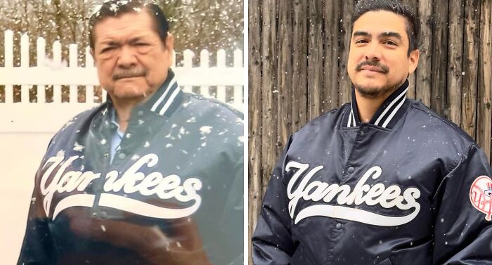 Wholesome photos: side-by-side of an older man and a younger man in Yankees jackets standing outdoors in light snowfall