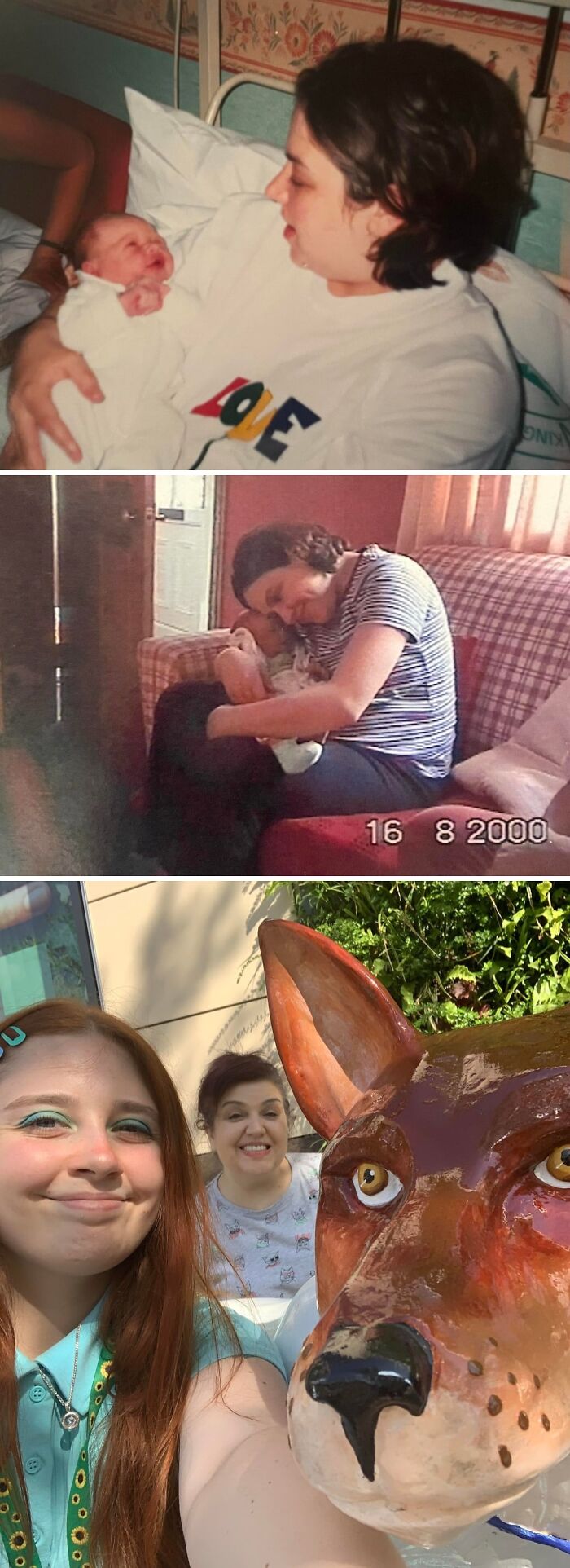 Wholesome photos of mother and daughter over time: newborn in hospital, early months on couch, later smiling selfie