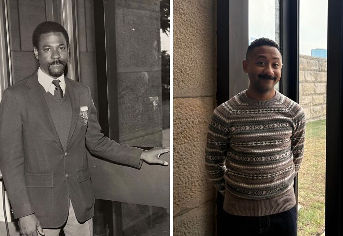 Wholesome photos: side-by-side of the same man decades apart, black-and-white formal portrait and casual sweater photo