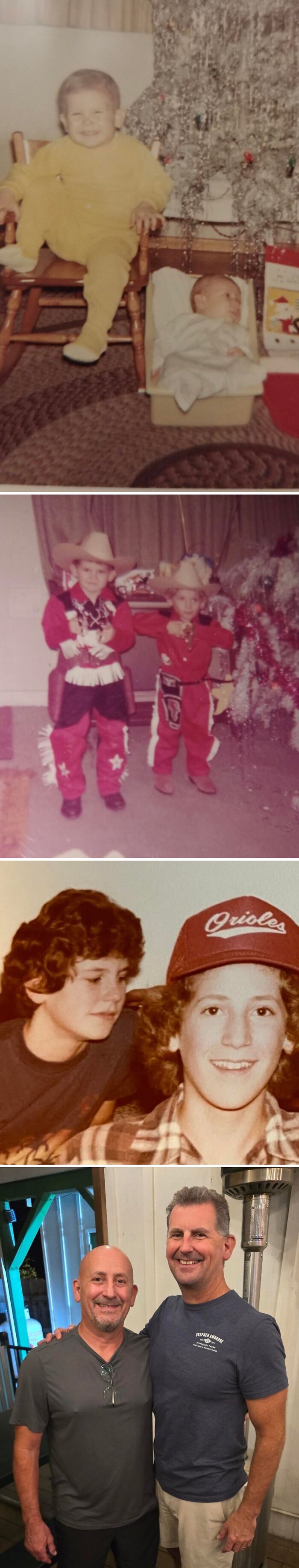 Wholesome photos: two men smiling today beneath childhood pictures, people's life journeys and changes