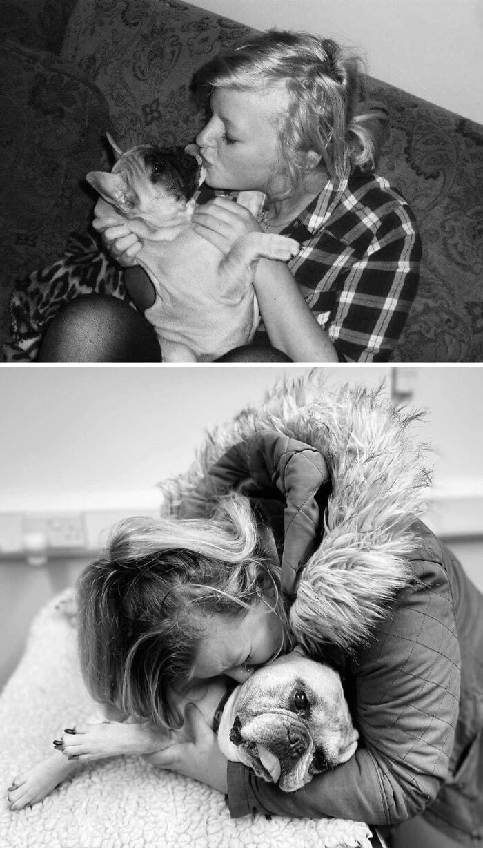 Wholesome photos showing black-and-white before-and-after of a woman kissing her dog as a puppy and then years later