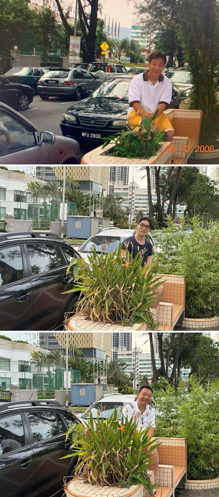 Wholesome photos triptych: three images of the same bench over years showing a man's life journey and changing appearance.