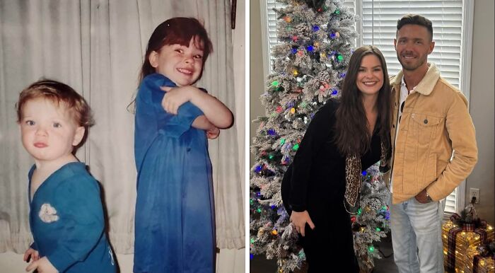 Side-by-side childhood and adult photos of siblings by a Christmas tree, wholesome photos of life journeys and change