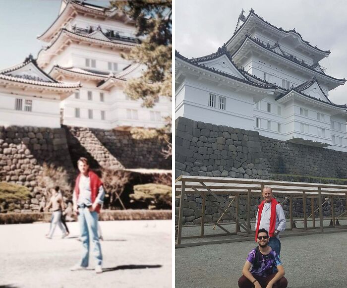 Wholesome photos: two men recreating an old pose in front of a Japanese castle, decades apart