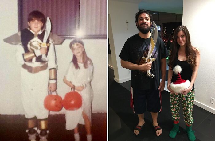 Wholesome photos: childhood Halloween duo with pumpkins beside adults re-creating photo, man holding sword