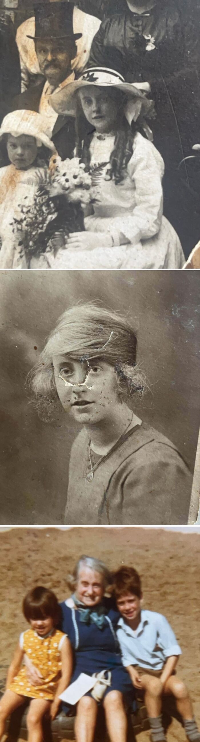 Wholesome photos: collage of vintage family portraits and a color snapshot of grandchildren with their grandmother.