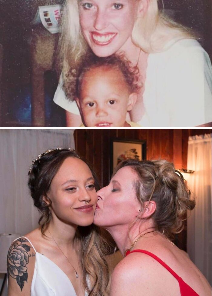 Wholesome photos of a mother kissing her grown daughter on the cheek, showing life journeys and change