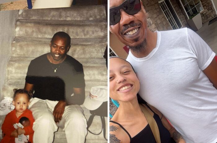 Wholesome photos showing a father and daughter then and now: toddler on steps with dad and grown smiling selfie together