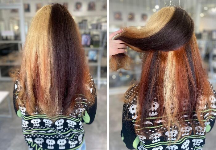 Peinado con coloración cabello en dos tonos que muestra diferencia entre lo pedido y lo recibido en salón de belleza.