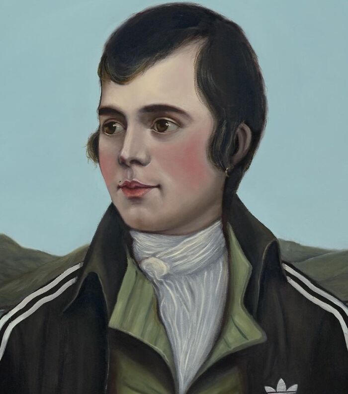 Scottish artist reimagined historic portrait of a gentleman wearing a modern Adidas track jacket in a pastoral setting