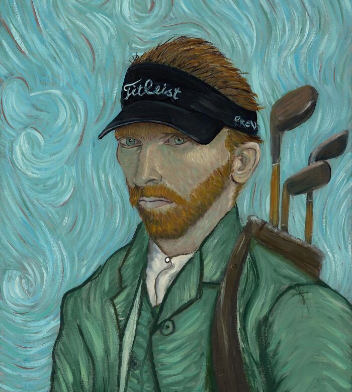 Scottish artist reimagines classic self-portrait with golf visor and clubs, teal swirling background