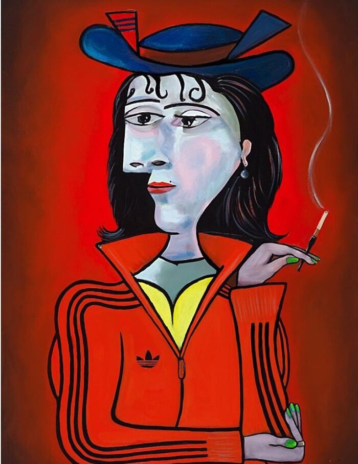 Scottish artist modern street-style portrait: Picasso-inspired woman in red tracksuit and blue hat smoking