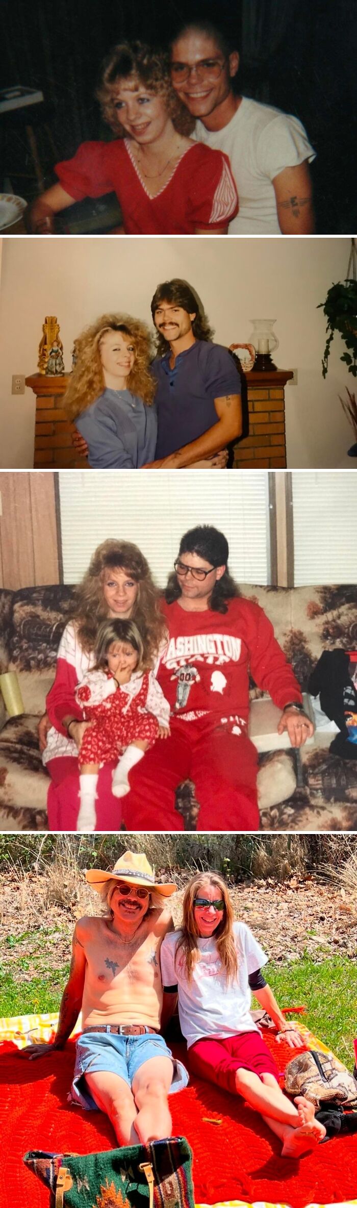 Series of wholesome photos showing a couple across decades from young family life to older, relaxed outdoors picnic