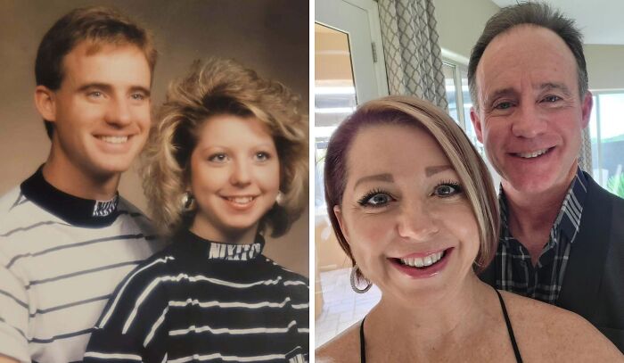 Wholesome photos: before-and-after high school portrait and modern selfie of a smiling couple on their life journey.