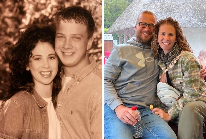Wholesome photos split image: young couple in sepia on left and same couple years later smiling together outdoors on right
