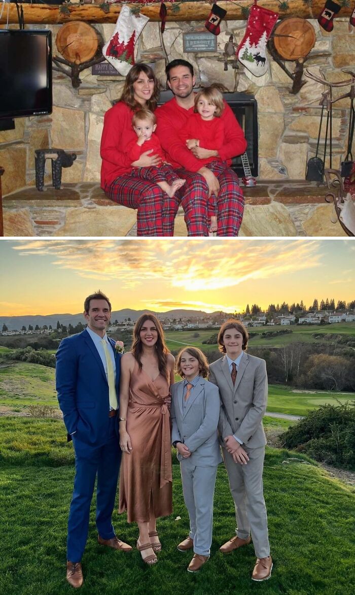 Wholesome photos capturing life journeys: family in matching pajamas by fireplace, later dressed up outdoors at sunset