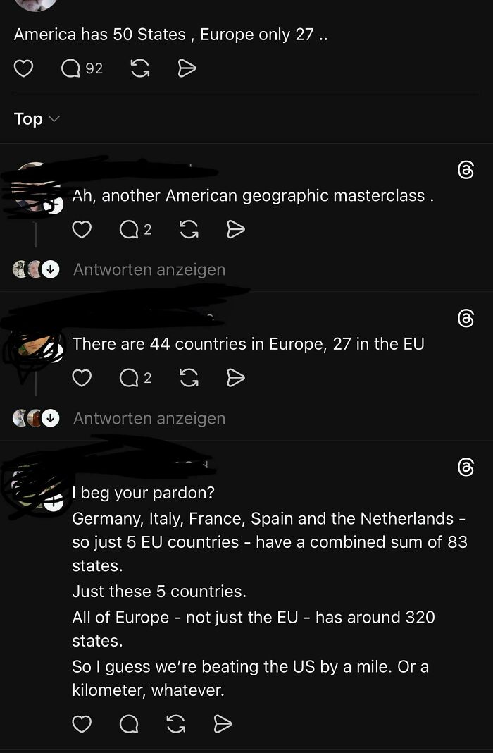 Screenshot of American internet comments discussing geography with humorous roasts in viral social media thread.