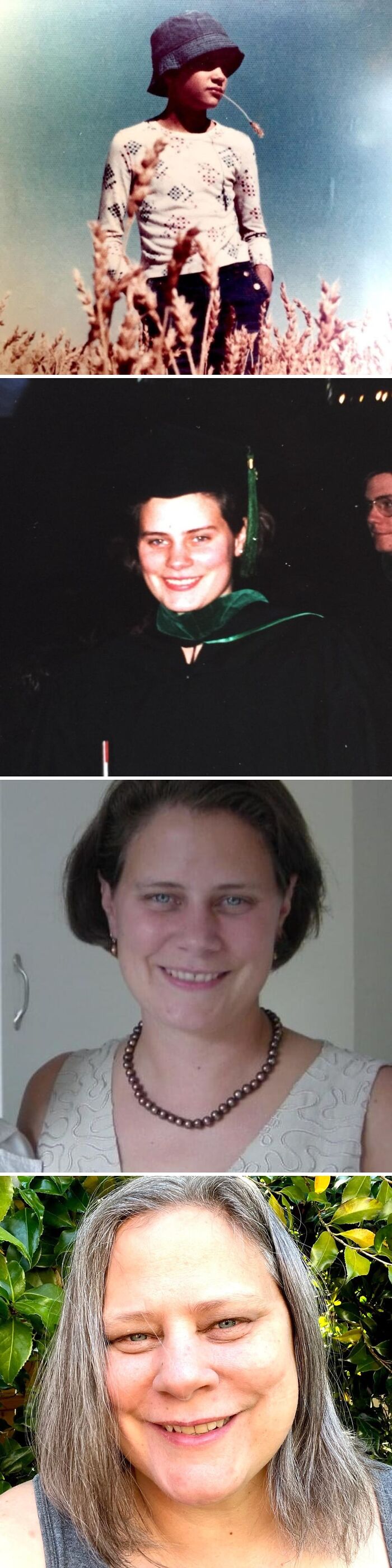 Wholesome photos collage of a woman from childhood to later life, four portraits showing her life journey