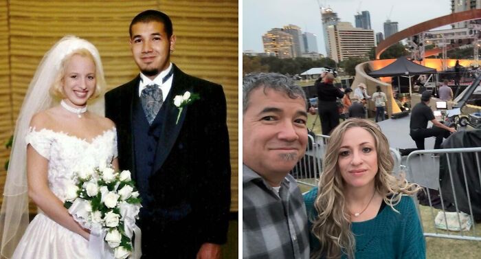 Wholesome photos before-and-after: wedding couple in formal attire and the same pair years later at an outdoor event