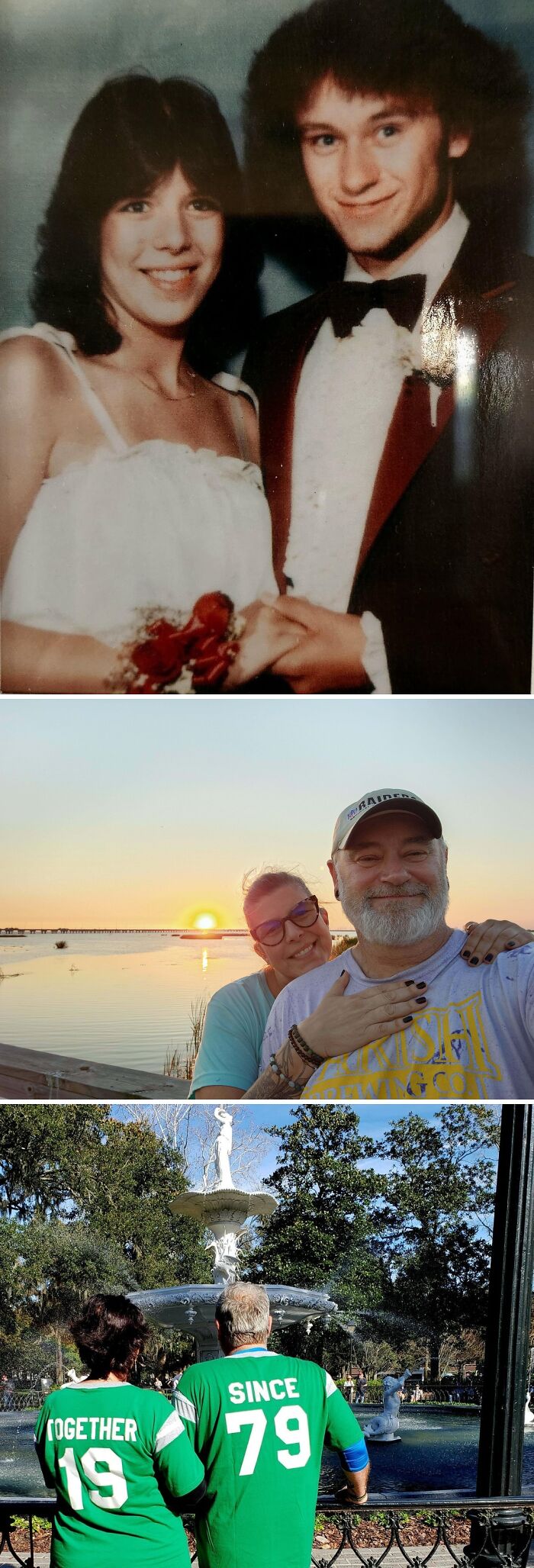 Wholesome Photos of a couple through life: prom teens, sunset selfie, later in matching Together and Since 79 shirts